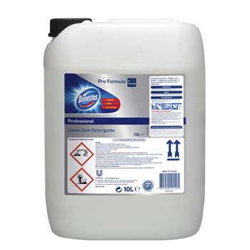 Lixívia com detergente clorado Domestos 10L, embalagem grande, pronta para limpeza e desinfecção de superfícies.
