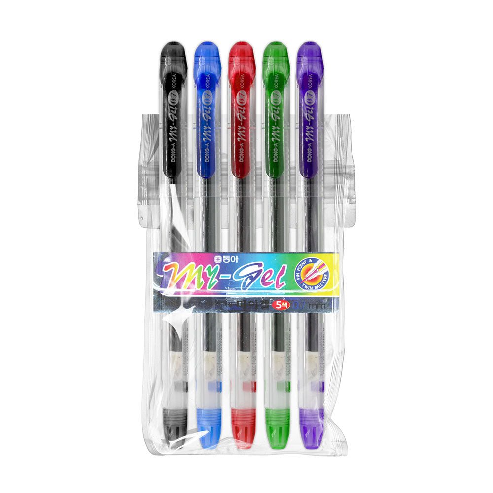 Esferográfica gel Dong-A My-Gel com tinta de alta qualidade, 5 cores, ponta de 0,7mm, ideal para escrita suave e precisa.