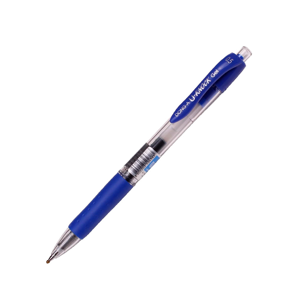 Esferográfica Gel Dong-A U-Knock M azul, ponta de 0,5mm, pacote com 12 unidades, escrita suave e tinta vibrante.