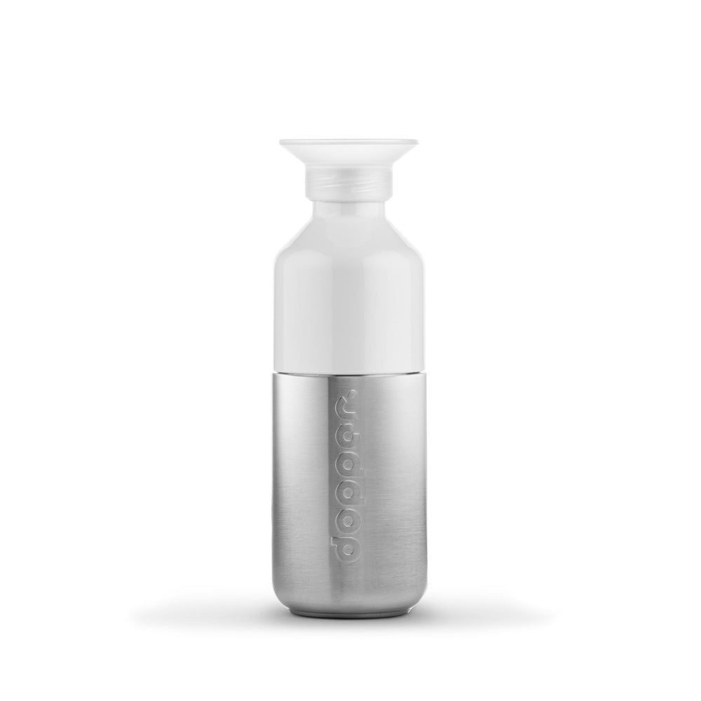 Garrafa Dopper Steel 350ml, reutilizável e isolada, feita de aço inox, com tampa de rosca e acabamento metálico brilhante.