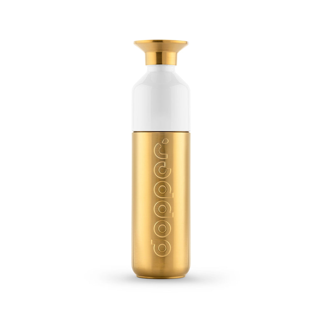 Garrafa Dopper Steel Gold de 490ml, isolada e durável, com acabamento em ouro, para bebidas quentes ou frias.