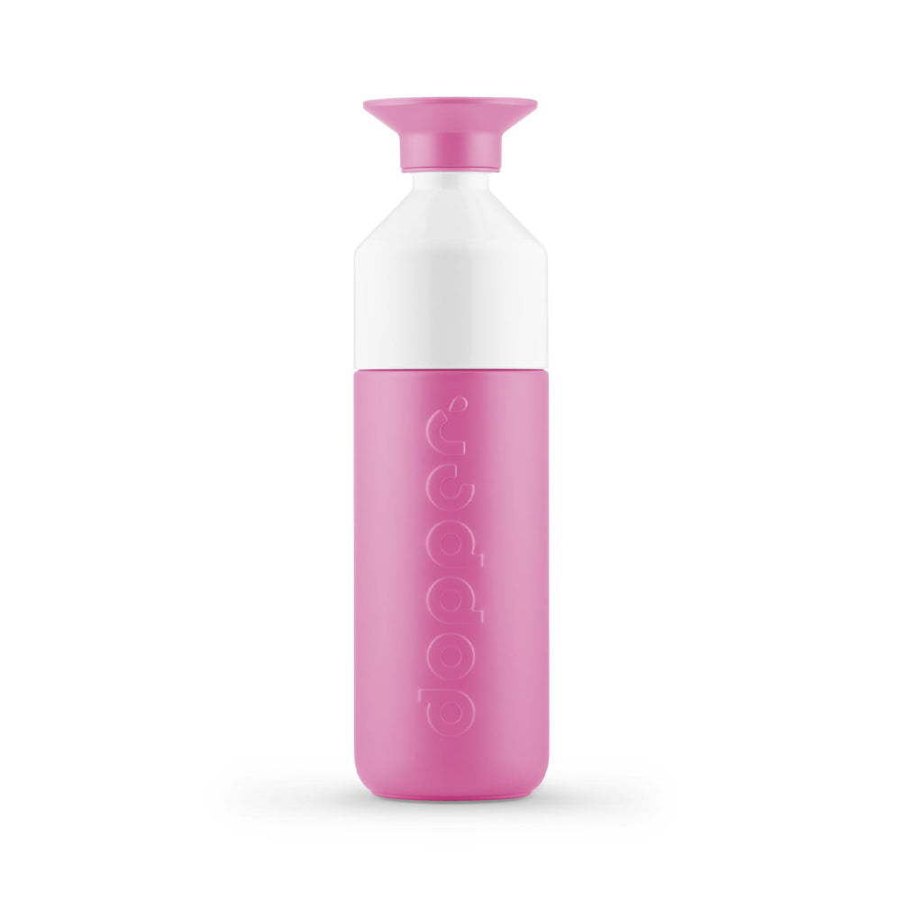 Garrafa térmica Dopper Pink Pelican de 580ml, mantém bebidas quentes ou frias, com design colorido e tampa de segurança
