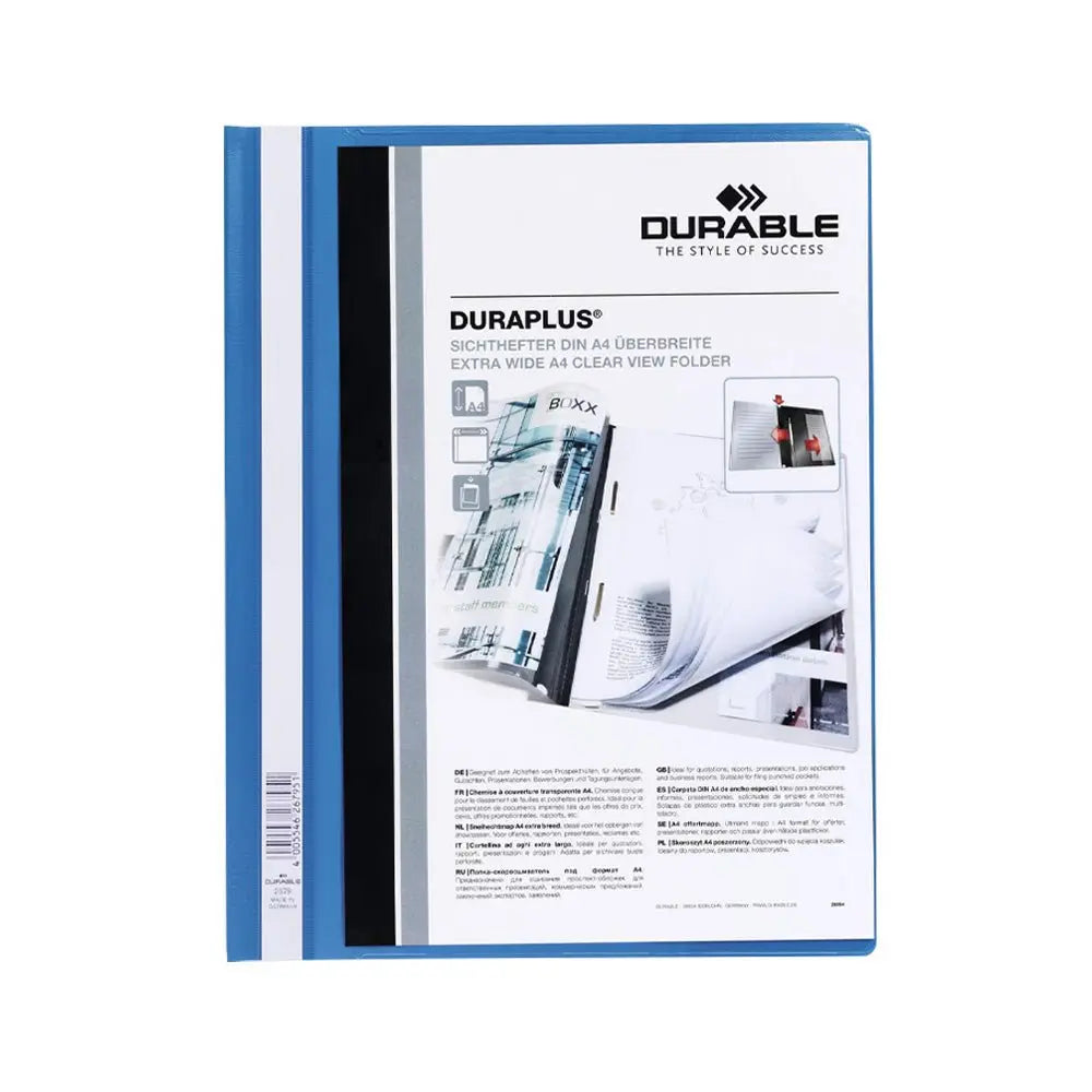 Classificador azul transparente A4+ Durable Duraplus com alças e abas para organização de documentos.