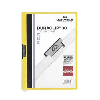 Classificador clip lateral amarelo Durável para organização, resistente, com vários compartimentos para documentos.