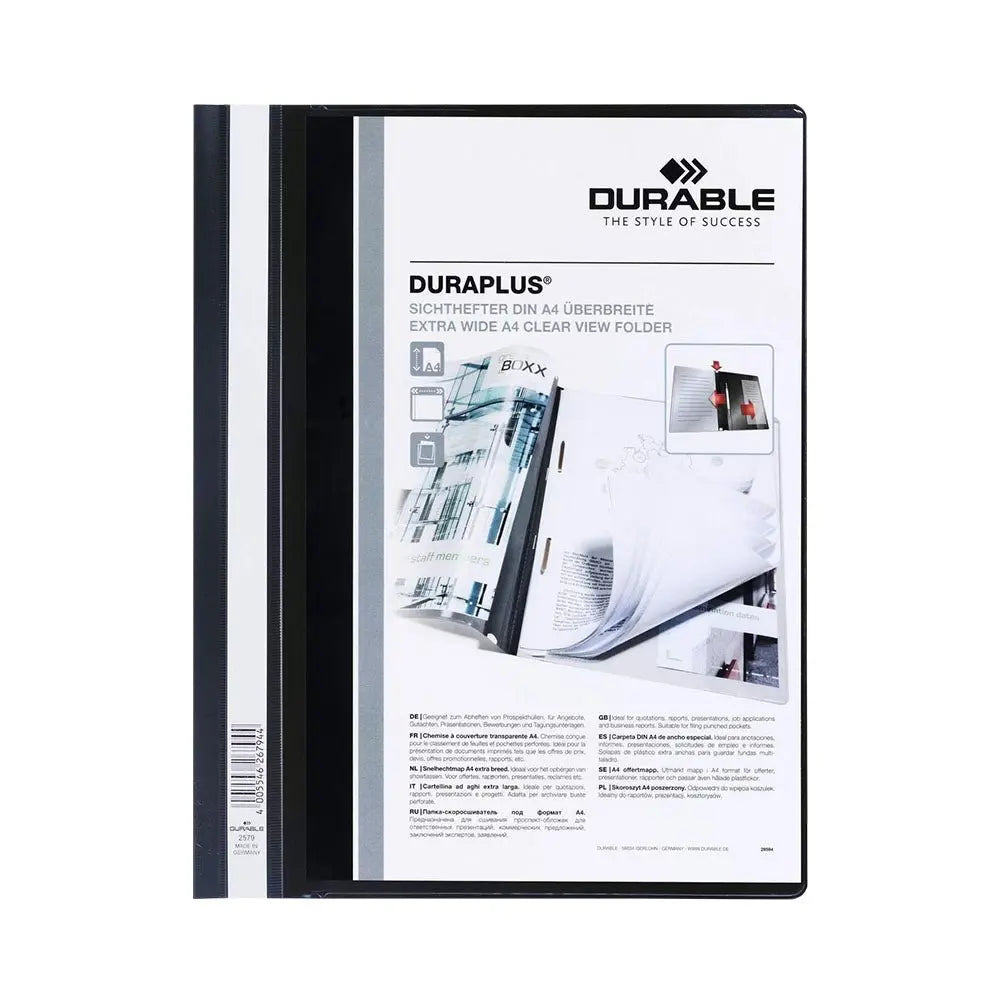 Classificador preto A4+ Duraplus com capa transparente durável, ideal para organização de documentos.