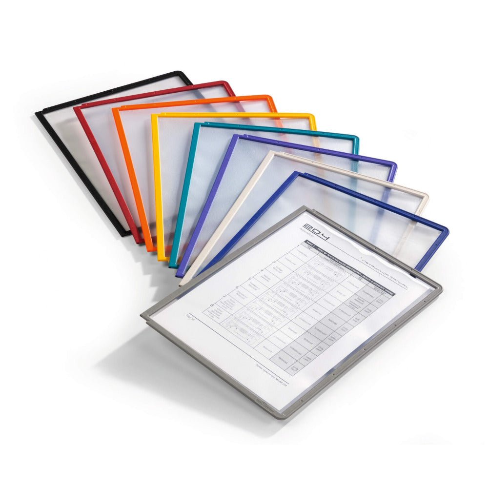 Conjunto de 5 bolsas para suporte mural A4 com moldura, expositores de mesa duráveis, exibindo documentos e folhetos.