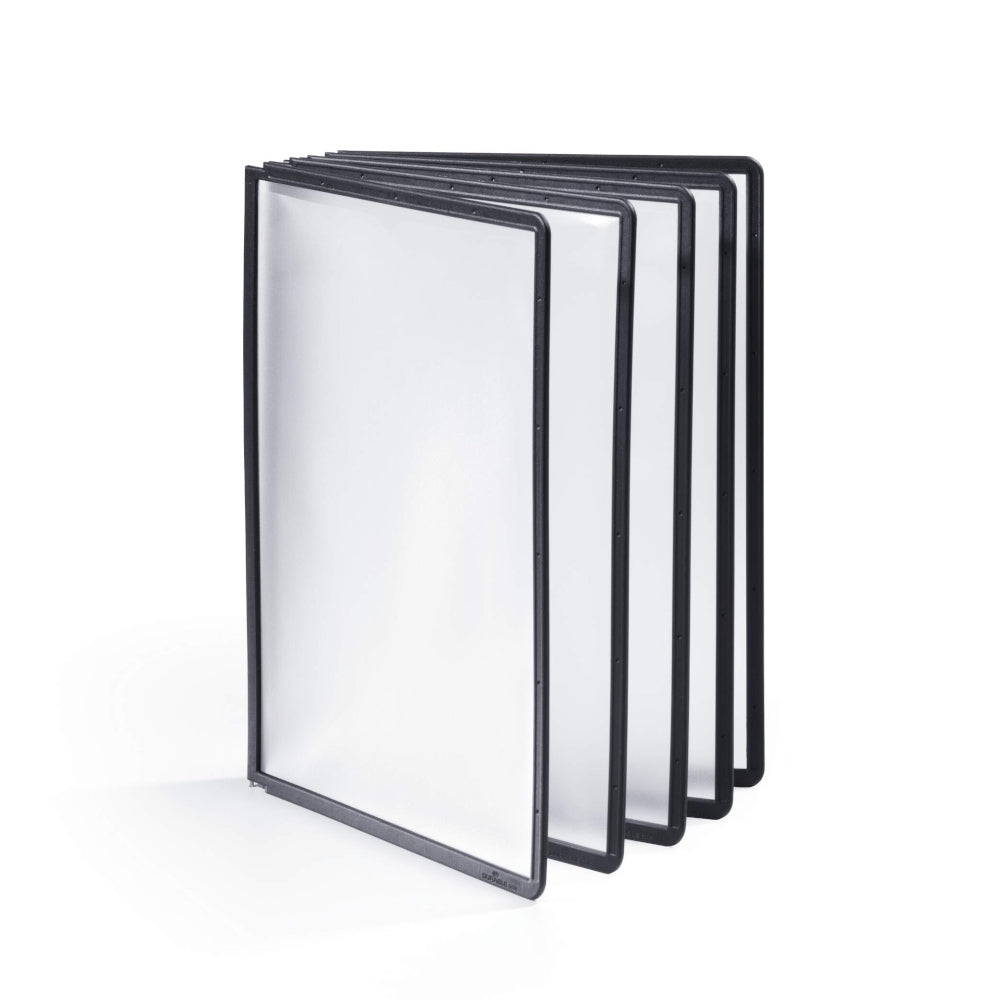 Conjunto de 5 expositores de mesa Durable para suporte mural A4 com moldura preta, ideal para exibir documentos.