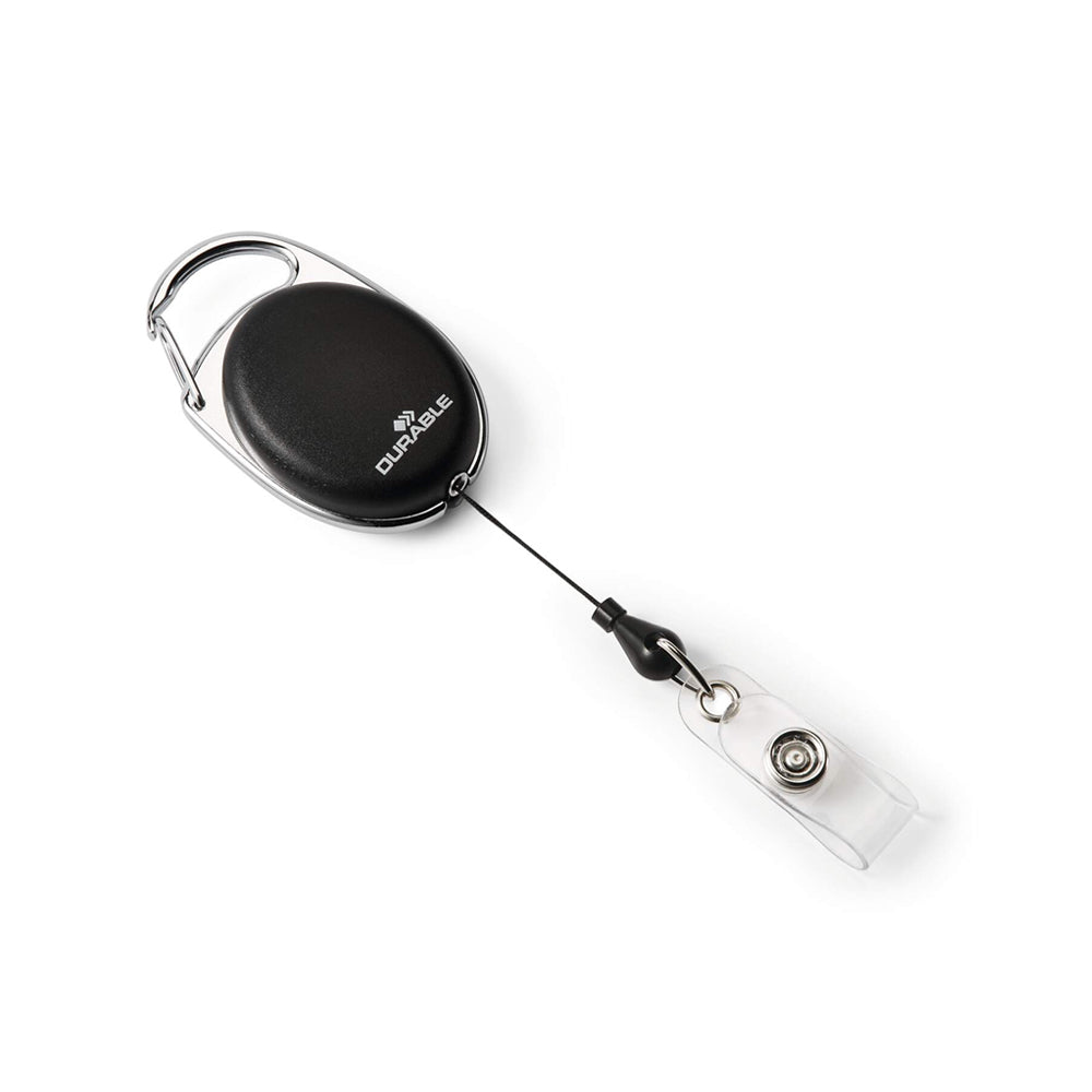 Conjunto de 10 porta-nomes com mola e cordão extensível da marca Durable, fitas para identificação.