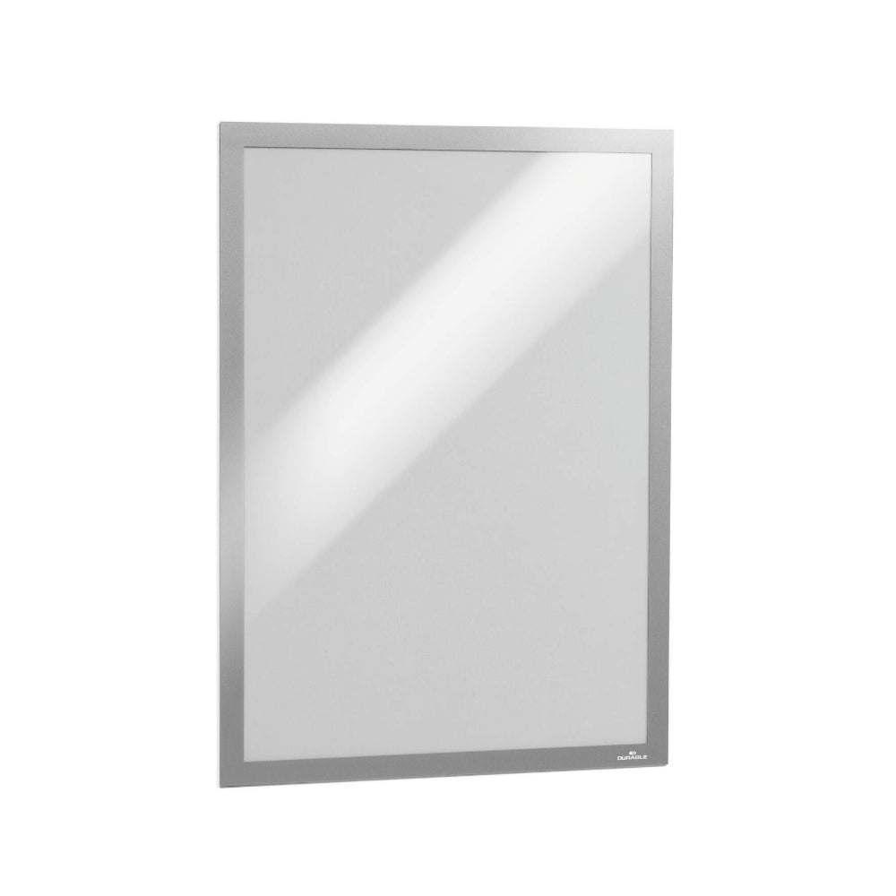 Duas molduras adesivas A3 Duraframe 4873-23 Prata da Durable, prateadas e fixadas em uma superfície, para quadros ou documentos.