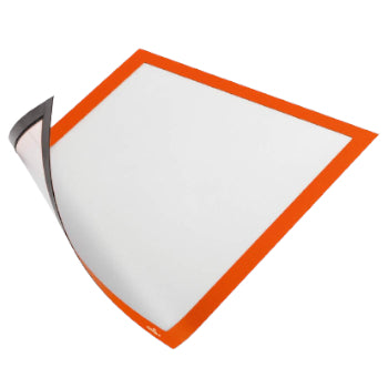 Conjunto de 5 molduras magnéticas Duraframe Laranja para papel A4, feitas em material durável, visíveis na imagem.