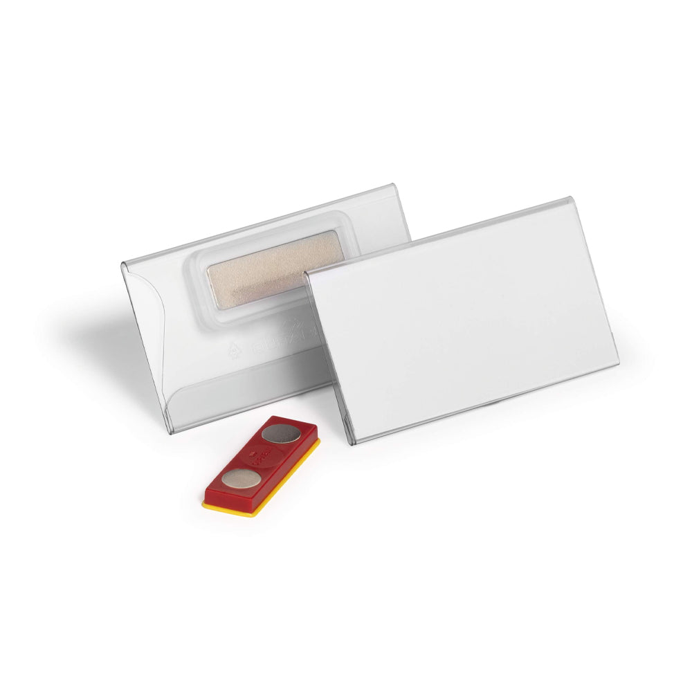 Porta-Nomes Horizontal Durable com Ímã, 40x75mm, pack com 25 unidades, ideal para identificação em escritórios e eventos.