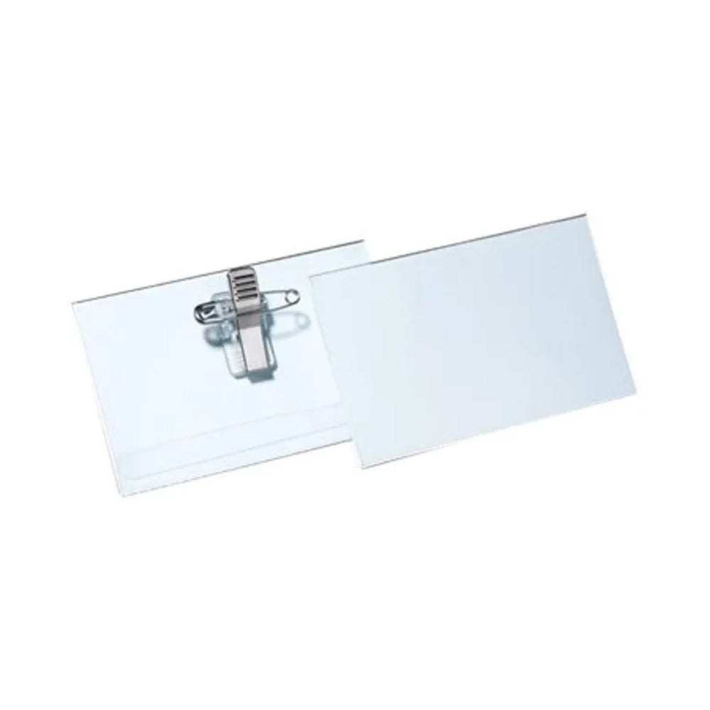 Porta-nomes horizontal Durable de 90x54mm com alfinete e mola, kit com 25 unidades para identificação em escritórios.