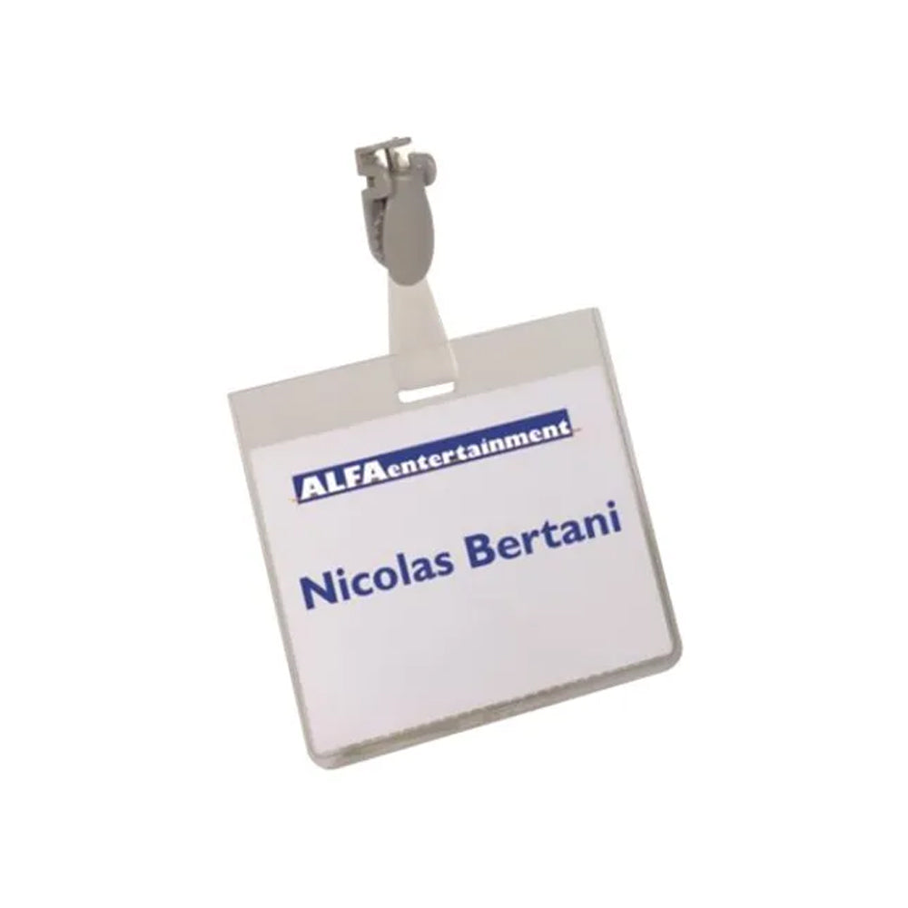 Porta-Nomes Horizontal Durable 90x60mm com mola, conjunto de 50 unidades, para identificação de nomes em ambientes diversos.