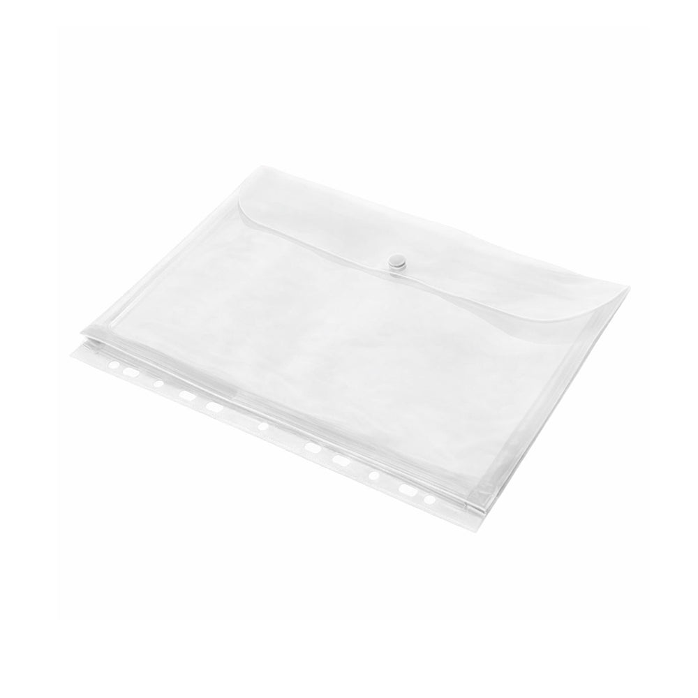 Bolsa com fecho Eagle A4 transparente, com botão, ideal para organização e transporte de documentos.