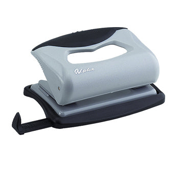 Furador Eagle Alpha preto com guia, compacto e preciso, para até 8 folhas de papel.