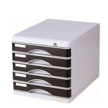 Módulos de gavetas Eagle com 5 gavetas cinza e azul, ideal para organização de escritórios e espaços de trabalho.