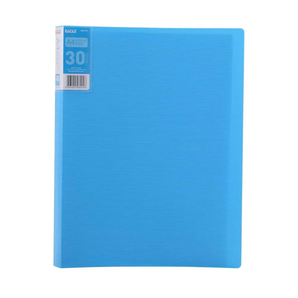 Pastas Eagle A4 azuis com 30 bolsas e 60 páginas, ideal para organização de documentos e arquivos.