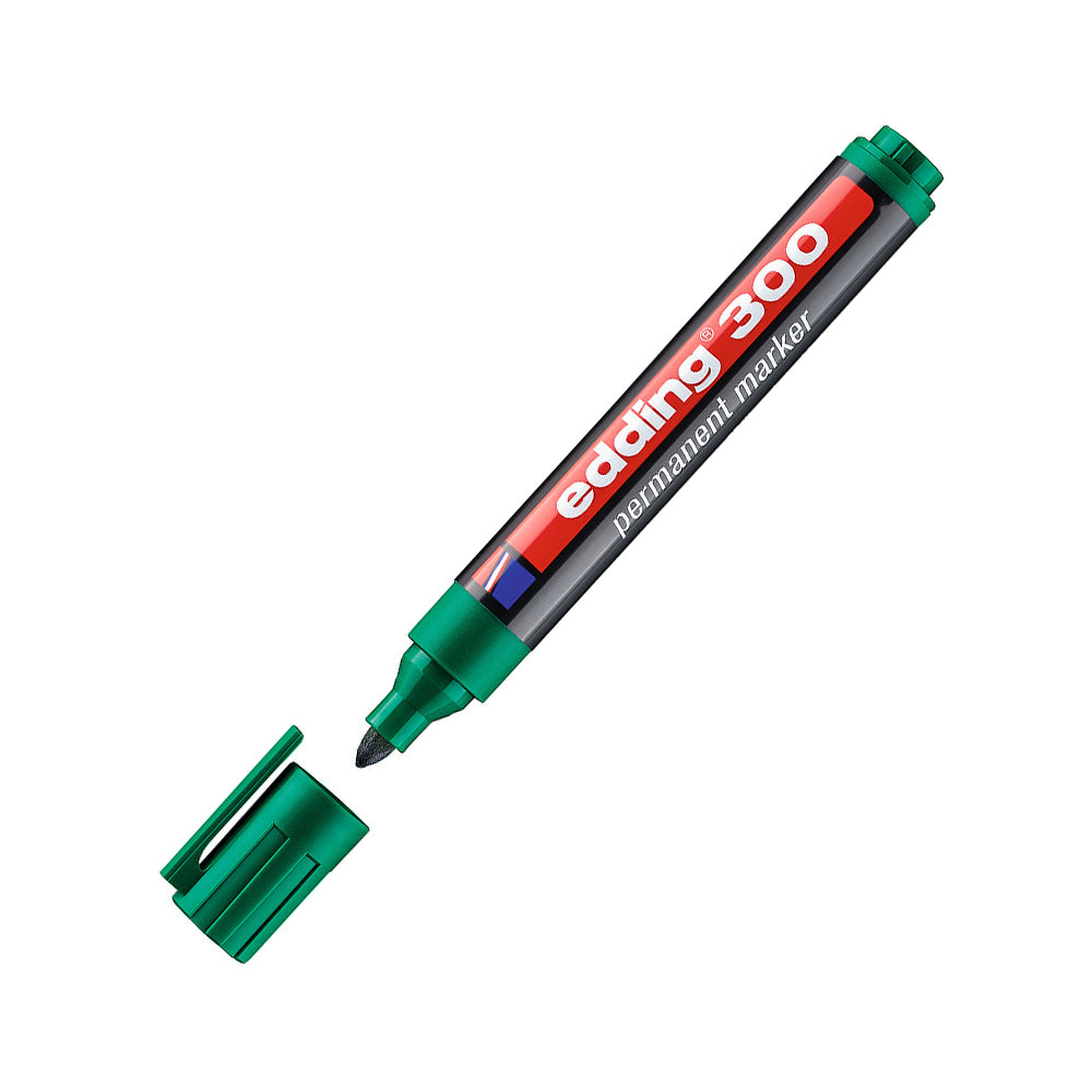 Marcador Edding 300 Médio Verde com ponta de 1,5 a 3mm, ideal para escrita e destaque em papel e superfícies.