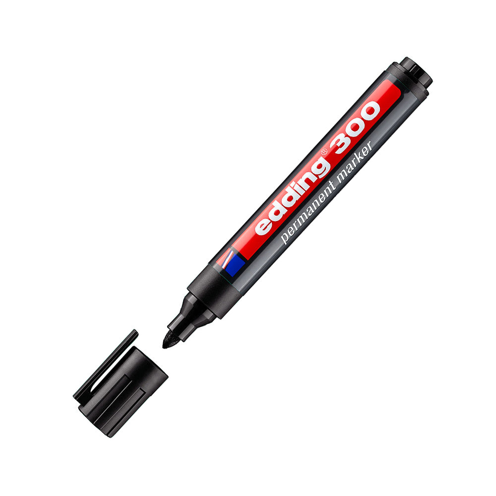 Marcador Edding 300 preto, de 1,5 a 3mm, para escrever e marcar com precisão, mostrado em uma superfície branca.