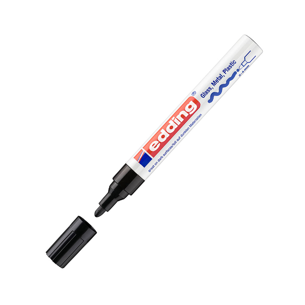 Marcador Edding 750 Grosso Preto com ponta de 2-4mm, destaque para escrita grossa e visível em superfícies variadas.