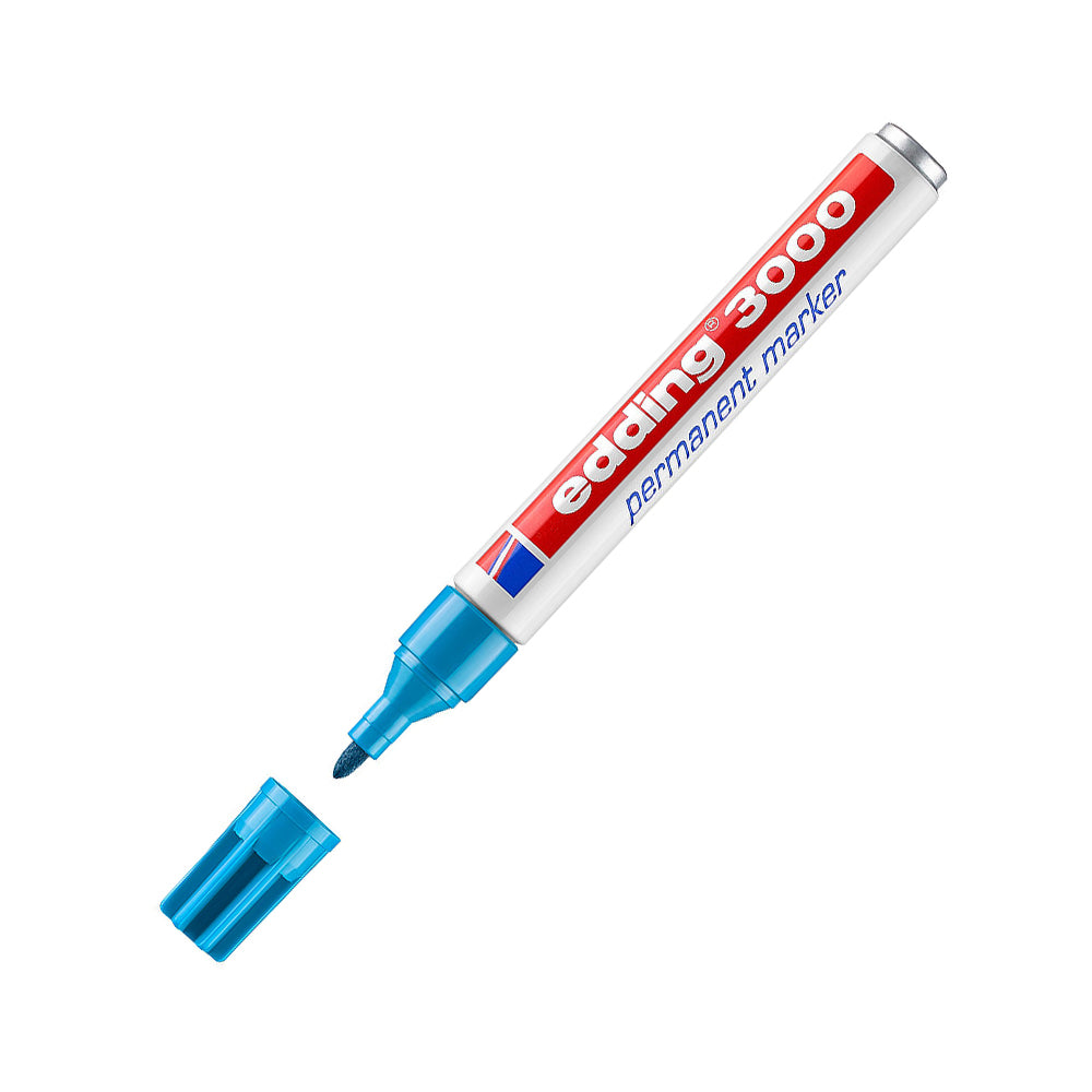 Marcador permanente grosso Edding 3000 azul claro, ponta de 1,5 a 3 mm, mostrando a ponta e o corpo do marcador.