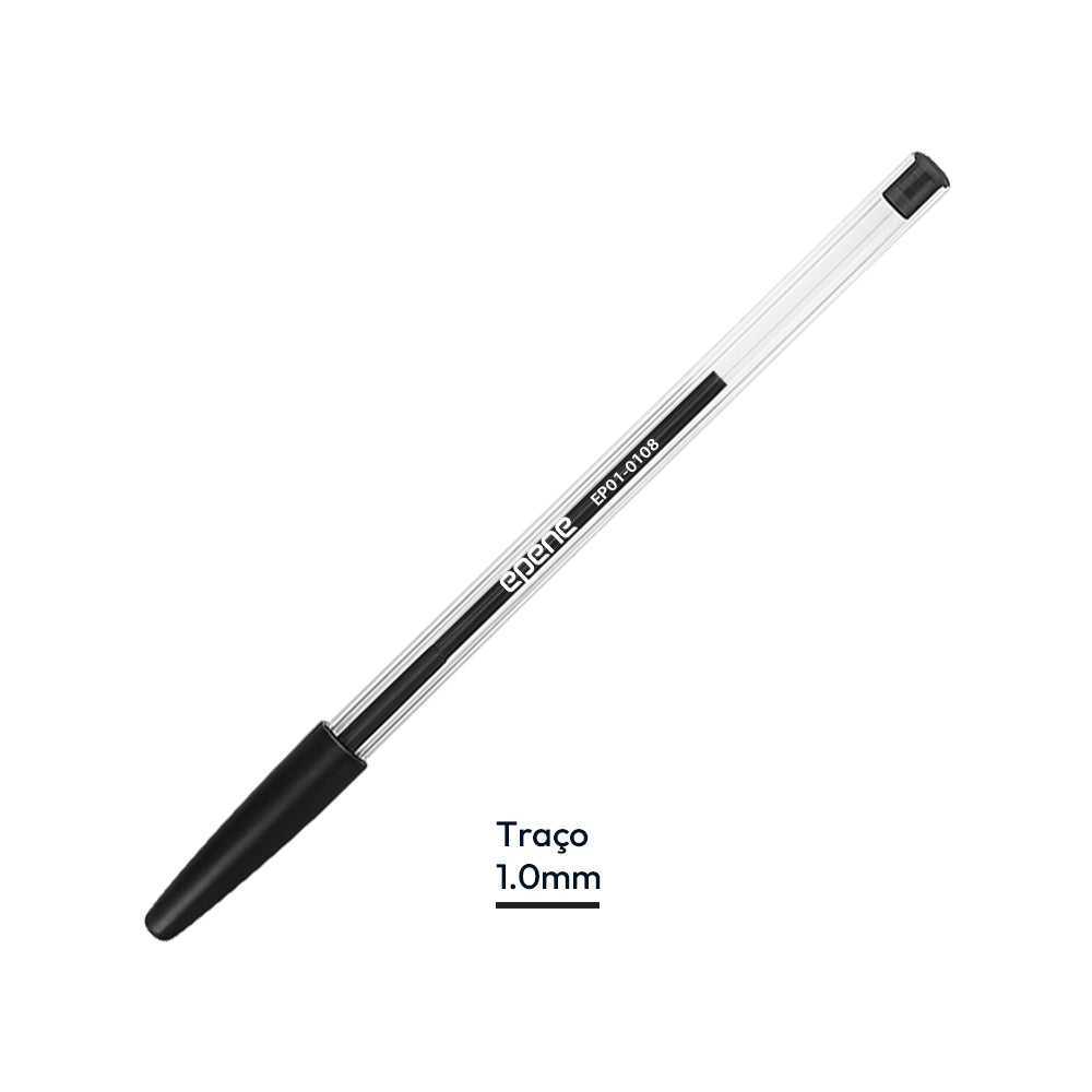 Caneta esferográfica preta Epene EP01-0108 de 1mm, escrita de alta qualidade, com corpo compacto e design elegante.