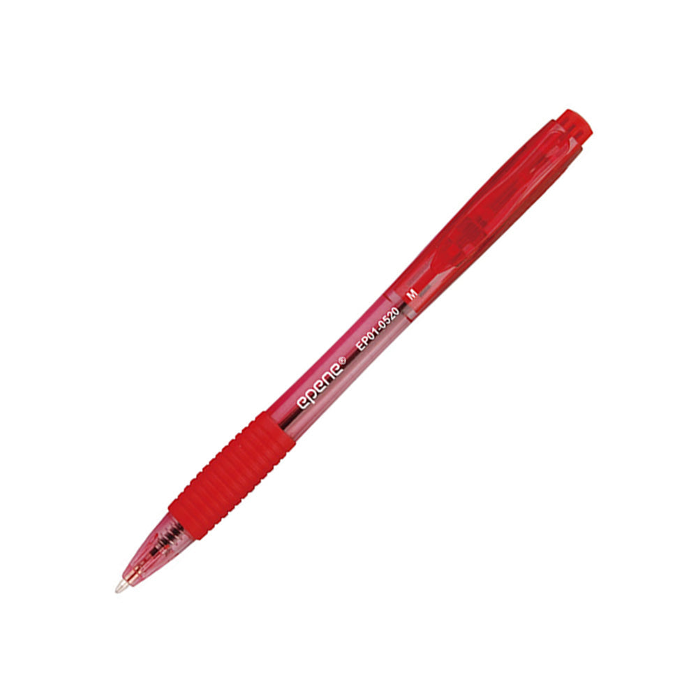 Caneta esferográfica retrátil vermelha Epene, escrita precisa com ponta de 1mm, sobre fundo branco.