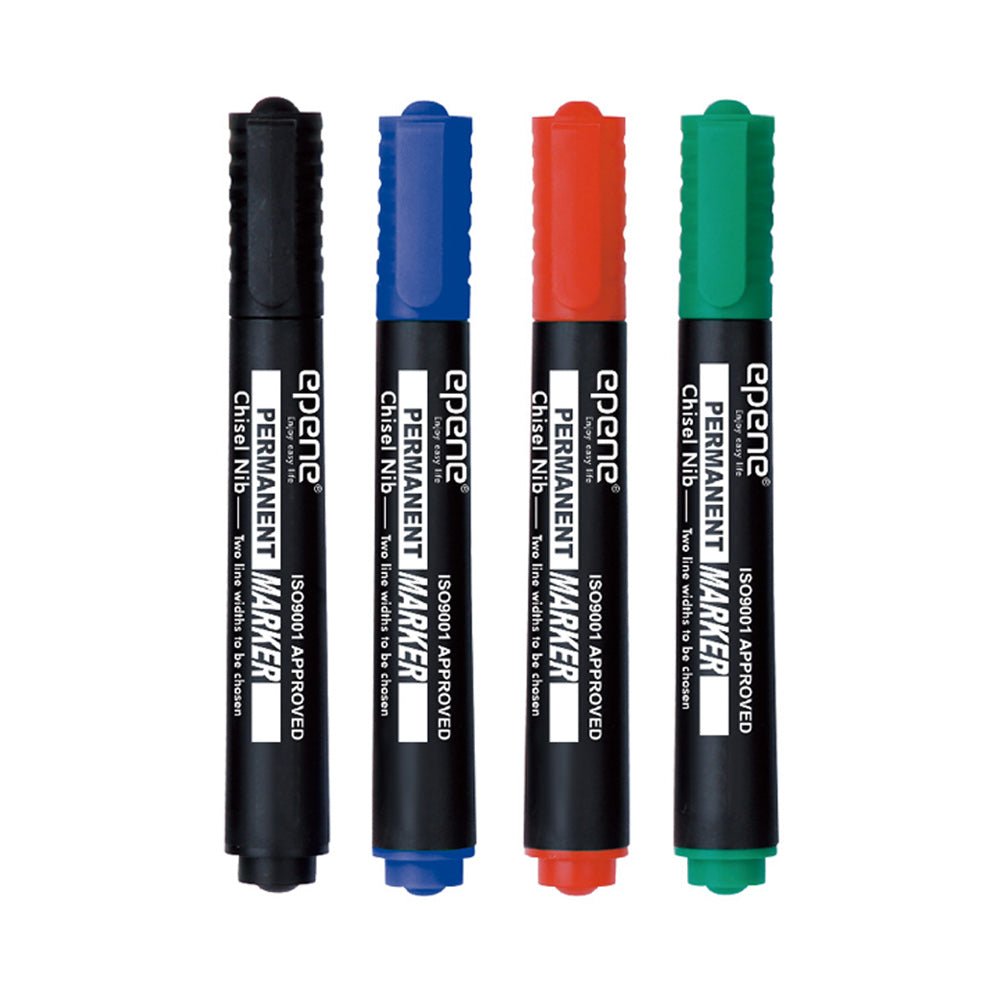Conjunto de 4 marcadores permanentes Epene EP11-2002 com ponta grossa de 2mm em quatro cores diferentes, para escrita e desenho.