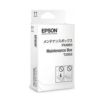 Caixa de resíduos Epson T2950 C13T295000, compatível e durável, mostrada ao lado de impressora Epson original.