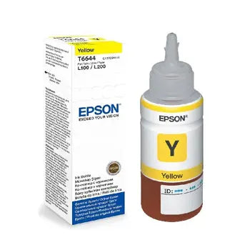 Tinteiro Epson 664 amarelo original para impressoras, 70ml, mostrada na imagem com embalagem e tinta amarela.