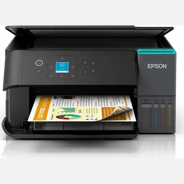Impressora multifuncional Epson EcoTank ET-2950 com Wi-Fi, jato de tinta, exibindo painel de controle e papel na bandeja