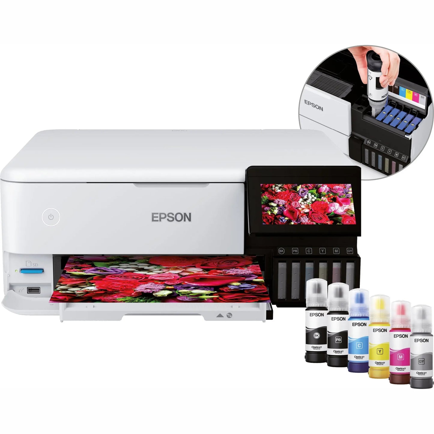 Impressora Epson EcoTank ET-8500 MFP colorida, multifuncional, com design compacto, conectada por Wi-Fi e recarregável para uso A4