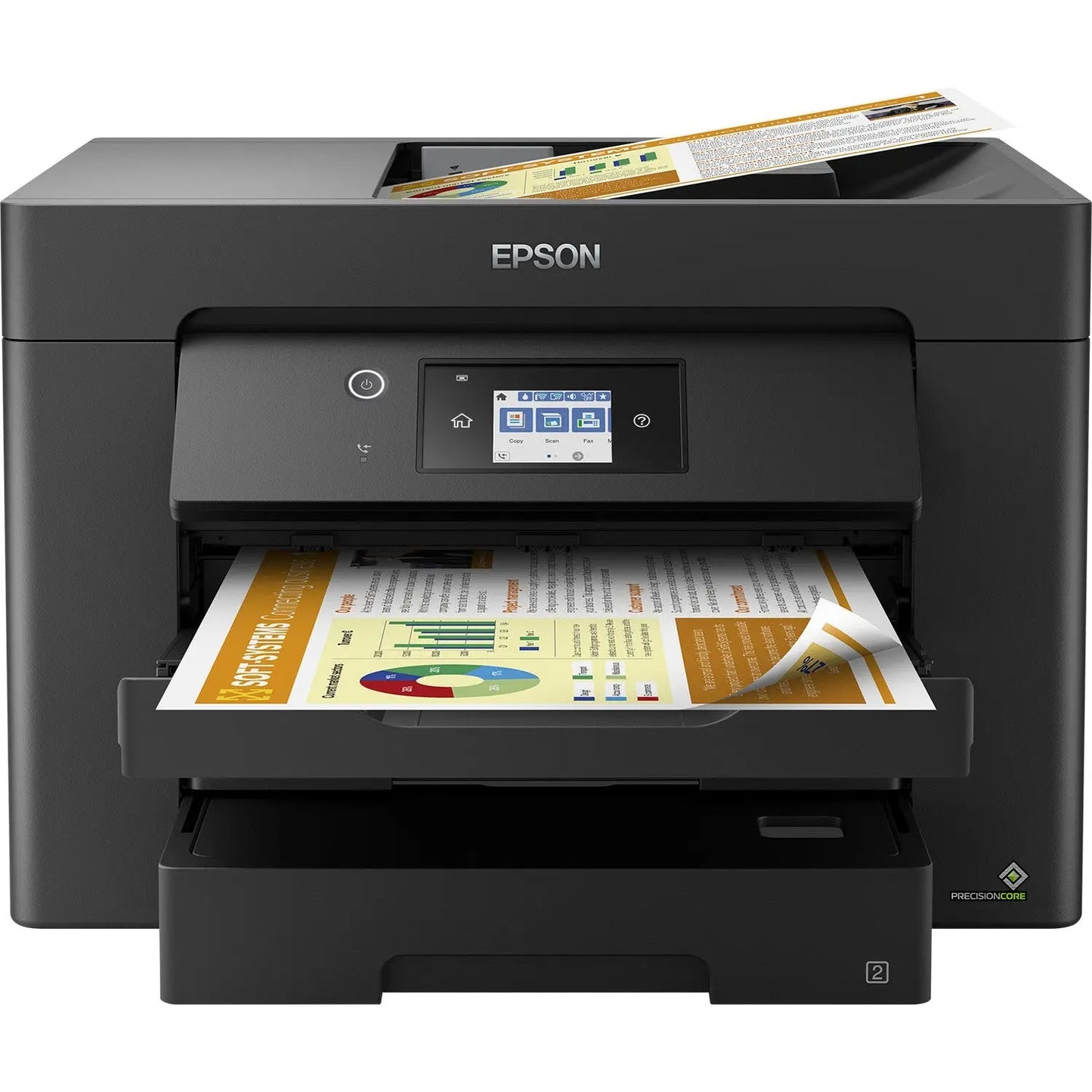 Impressora multifunções Epson WF-7830DTWF com scanner, fax, suporte A3, Wi-Fi, capacidade para 500 folhas e impressão de 25ppm.