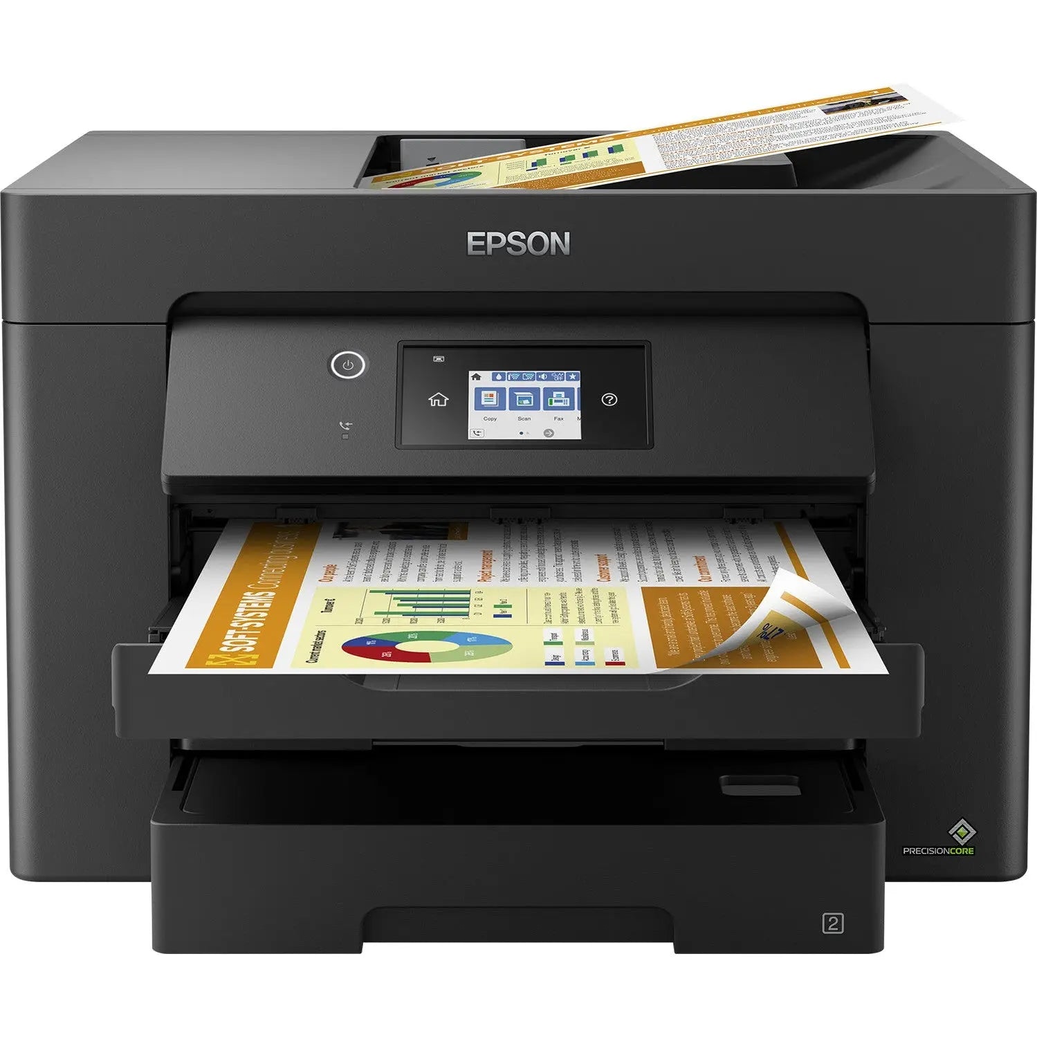 Impressora multifunções Epson WF-7830DTWF com scanner, fax, suporte A3, Wi-Fi, capacidade para 500 folhas e impressão de 25ppm.