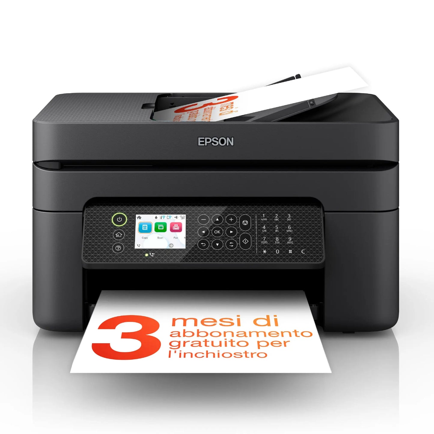Impressora multifuncional Epson WorkForce WF-2950DWF com tela digital, portas Wi-Fi e impressão A4, jato de tinta, velocidade de 10ppm.