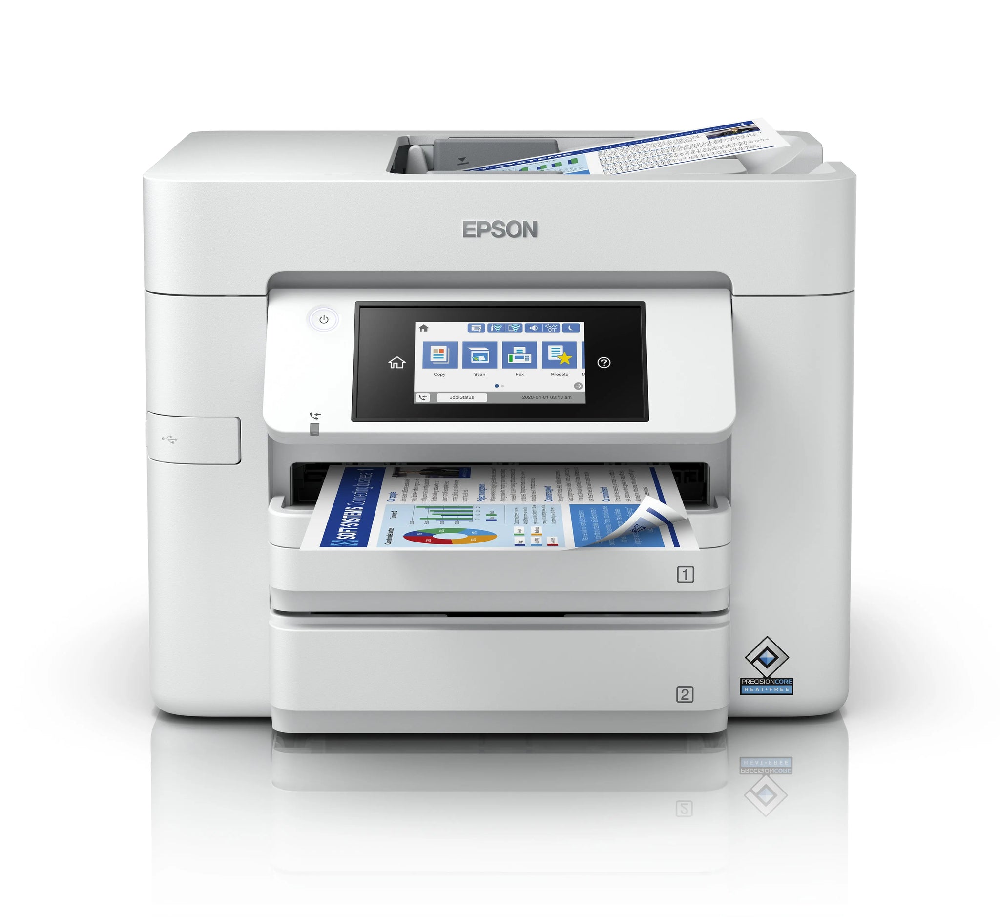 Impressora Epson WorkForce Pro WF-C4810DTWF multifuncional jato de tinta A4 com Wi-Fi, exibindo painel de controle e papel na bandeja