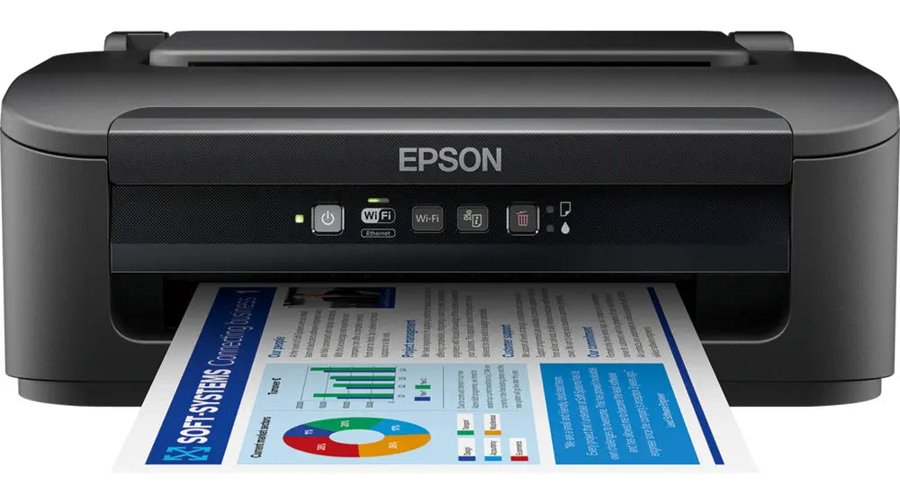 Impressora Epson WorkForce WF-2110W multifunções jato de tinta A4 com Wi-Fi e LAN, vista frontal em ambiente de escritório