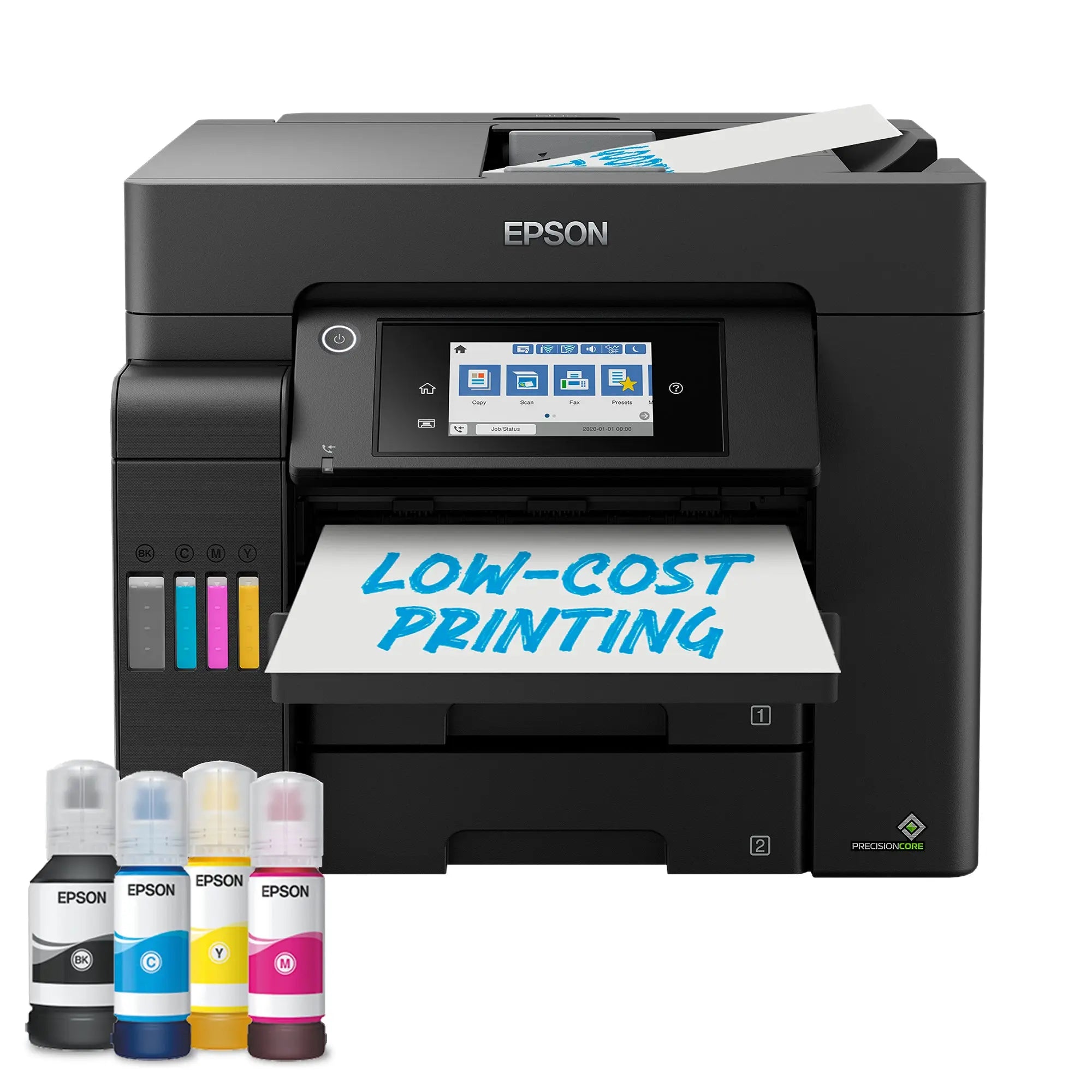 Impressora multifuncional Epson EcoTank ET-5805 em mesa, mostra tela de controle e bandeja de papel.