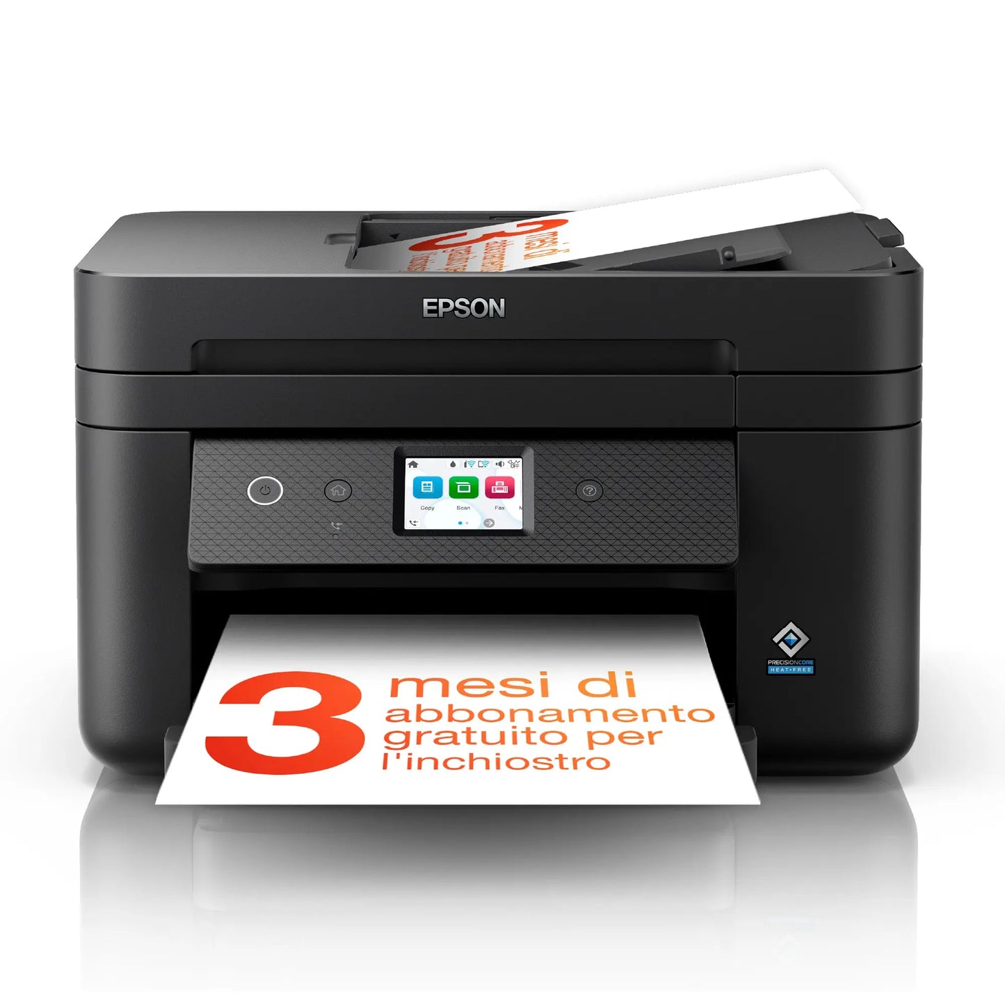 Impressora multifuncional Epson WF-2960DWF com tela, bandeja de papel e conexões Wi-Fi e LAN, jato de tinta A4.