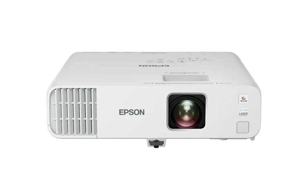 Projetor Epson EB-L260F de alta brilho e resolução exibindo uma imagem nítida em uma parede de escritório.
