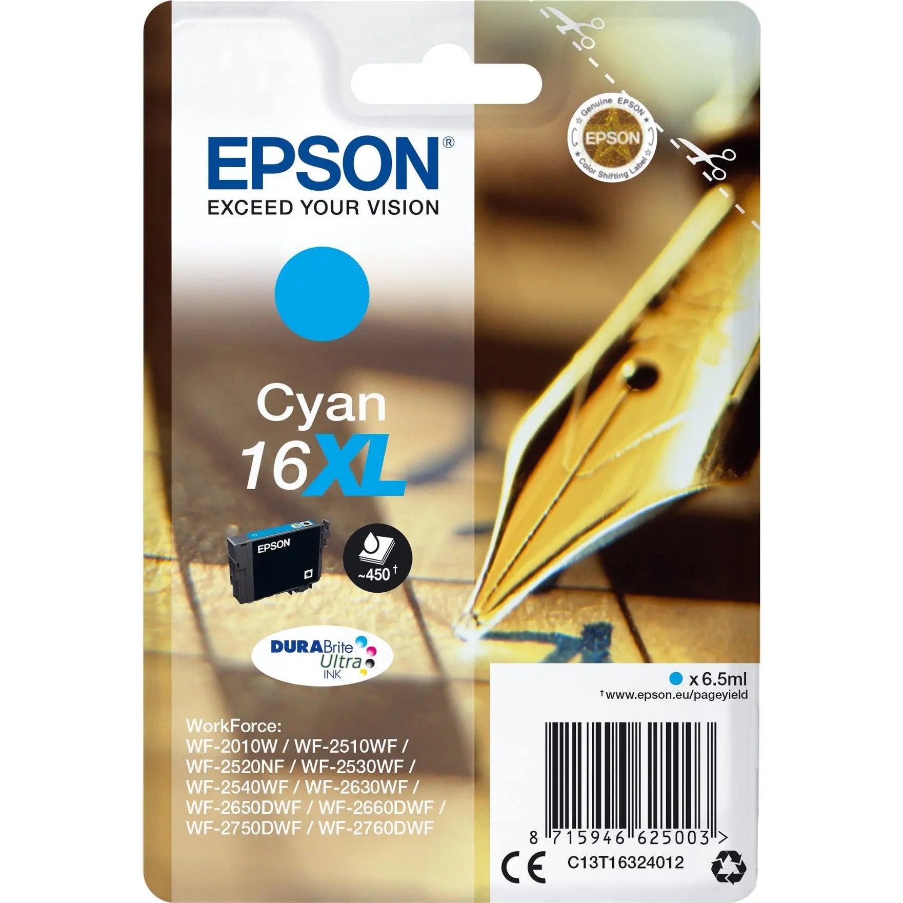 EPSON 1LB 16XL ink cartridge cyan high capacity 6.5ml 450 pages 1-pack blister without alarm