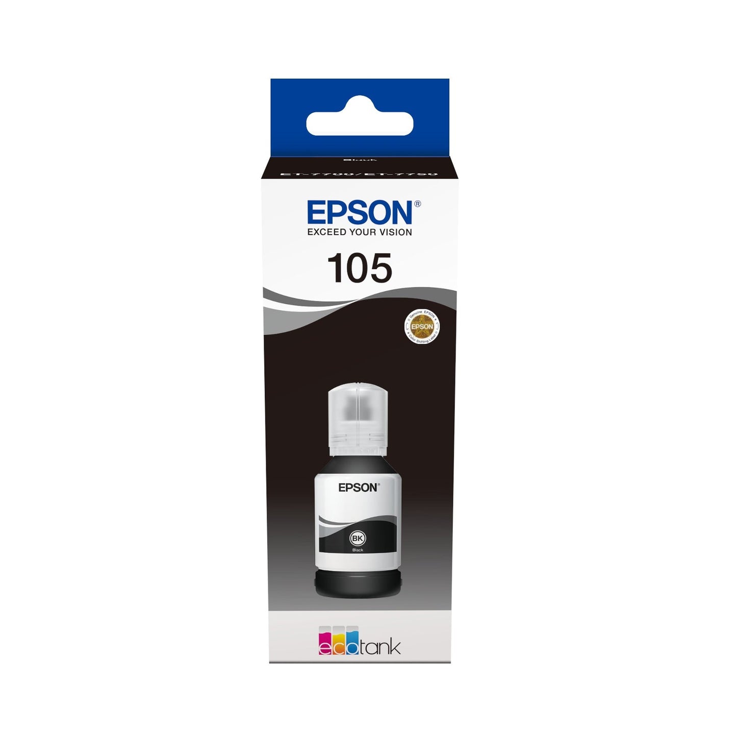 Recarga de tinta Epson 105 preta de 140ml para impressoras EcoTank 7700/7750, com embalagem de tinta e tampa.