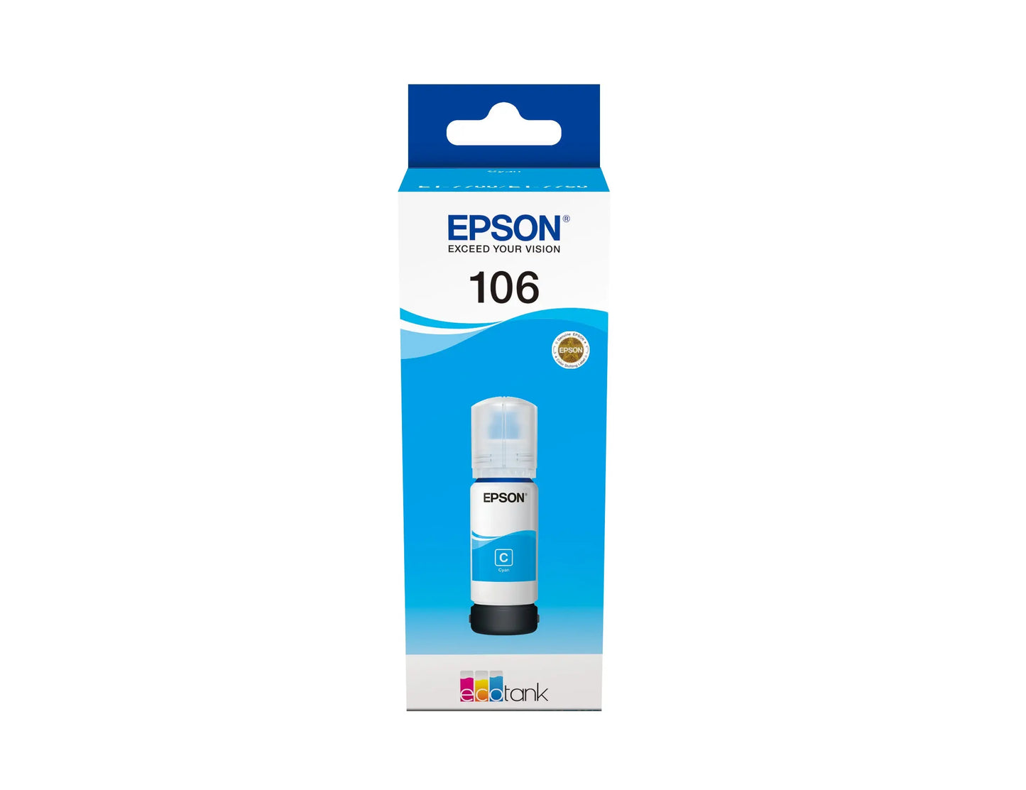 Recarga de tinta Epson 106 Ciano para EcoTank 7700/7750, frasco de 70ml, para impressoras de tinta Epson EcoTank.