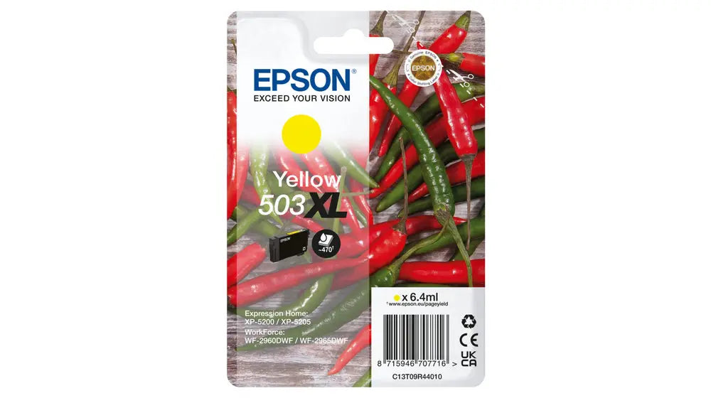 Tinta amarela Epson 503XL 1LB para impressora, dentro de embalagem de tinta para cartucho de impressão Epson.