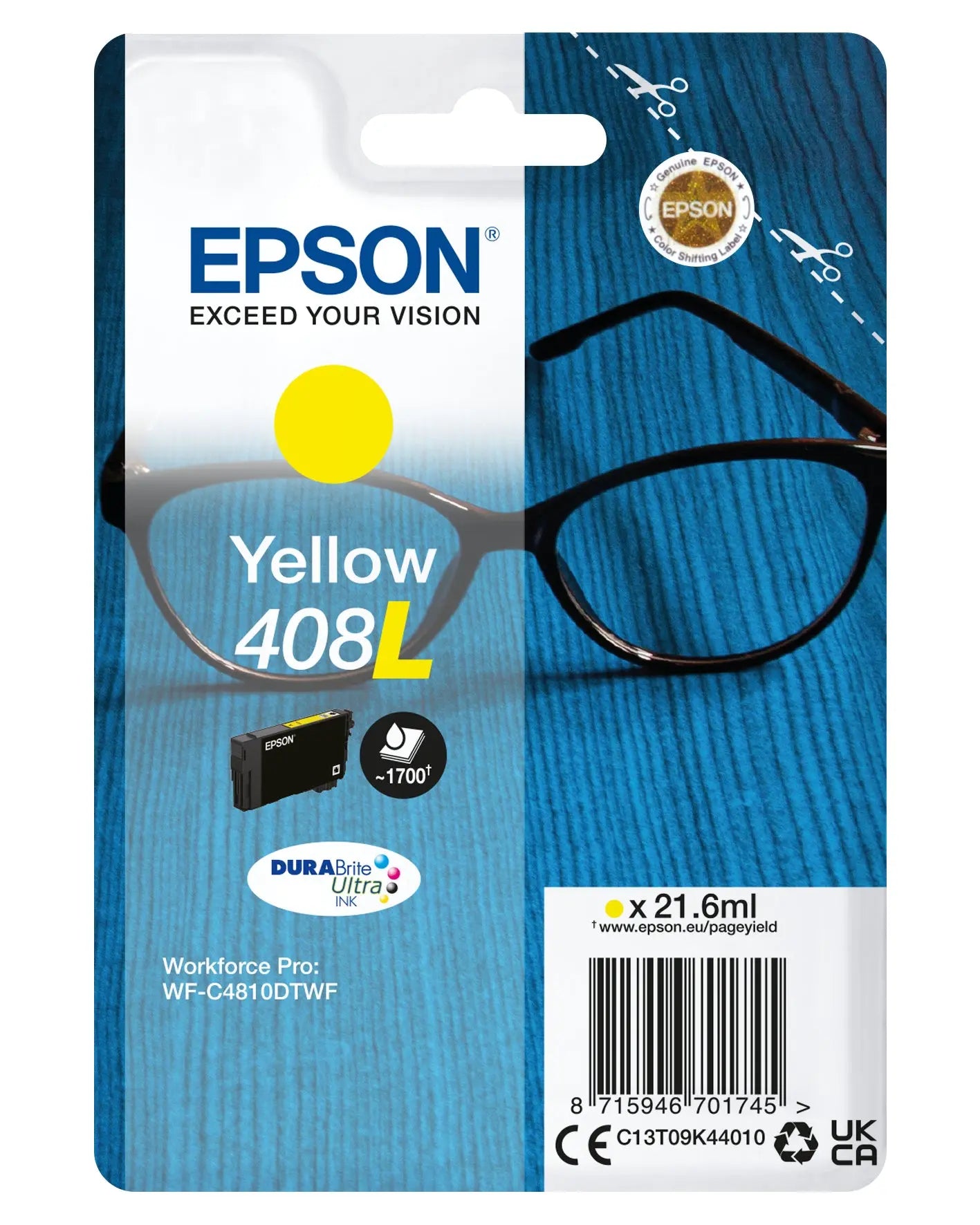 Tinta amarela Epson 6LB 408L Durabrite Ultra para impressora jato de tinta, cartucho original com embalagem.