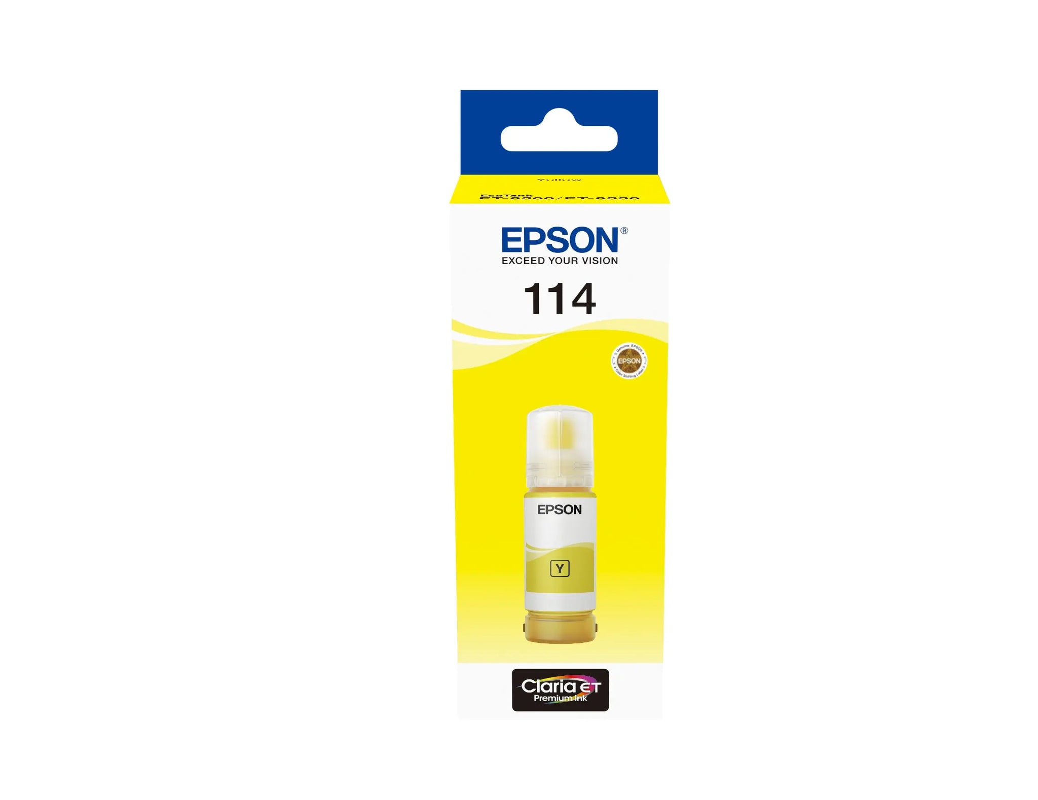 Tinta amarela Epson EcoTank 1LB 114 para impressoras, compatível, cartucho de tinta de alta qualidade para impressões coloridas.