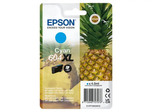 Cartucho de tinta cyan Epson 604XL de alta capacidade, compatível com impressoras Epson, mostrando o cartucho e informações na embalagem