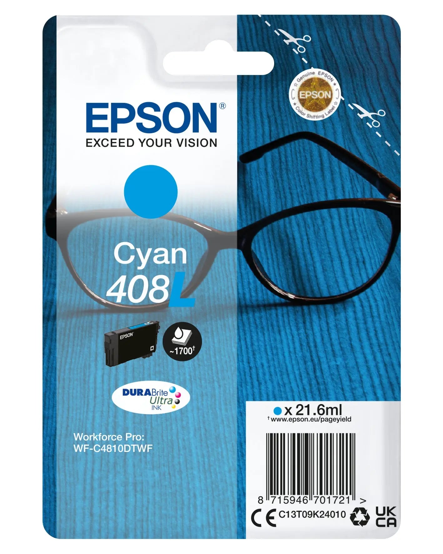 Cartucho de tinta cyan Epson 6LB 408L Spectacles Durabrite Ultra para impressora, vista do produto.