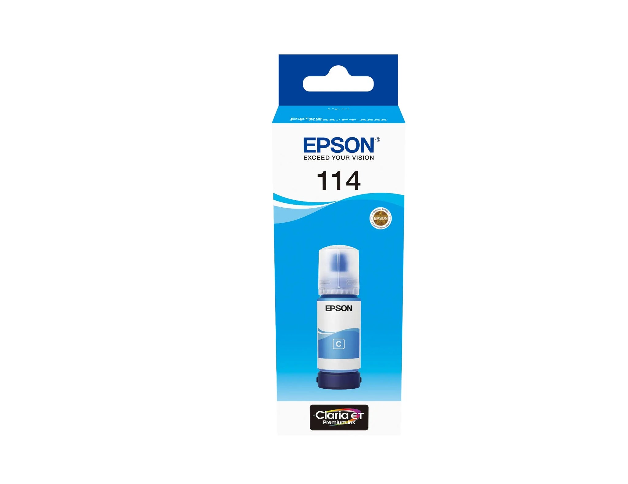 Cartucho de tinta cyan Epson EcoTank 1LB 114 para impressora, compatível e de alta qualidade, visível na imagem.