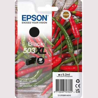 Cartucho de tinta preto Epson 503XL singlepack para impressoras, destaque na imagem com embalagem e detalhes do produto